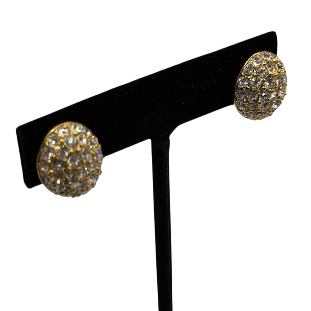 Swarovski Gold Tone Clear Crystal Pave Dome Stud Earrings Post Quiet Luxury Glam - Picture 4 of 9